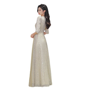Champagne Gold Evening Gown V-Neck Long Sleeve Wrap Tie Formal Dress For Banquet And Ceremony - Product Image 5