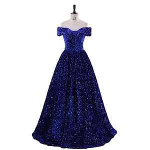 Off The Shoulder Sequined Ball Gown Evening Dress Navy Blue Empire Waistline Long Formal Dress For Stage Performance Art Exam - Product Image 5