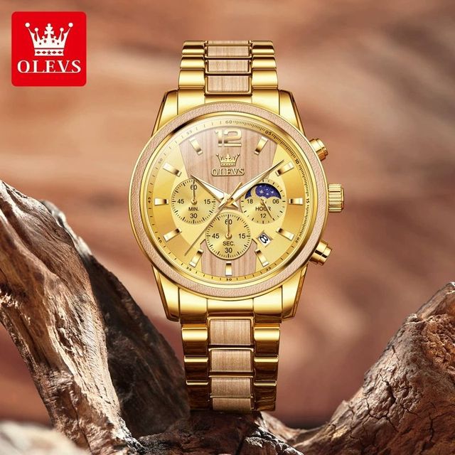 OLEVS 3645 New Arrival Quartz Textured Solid Wood Strap Fashion Quartz SmartWatches Night Light Chronograph Three Dials Calendar