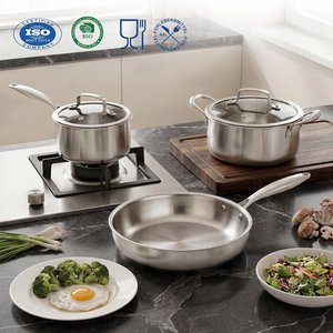 Ensemble de 5 casseroles en acier inoxydable <span class=keywords><strong>18</strong></span>/8 sans PFOA/PFAS, sans revêtement, triple couche, avec couvercle en verre, compatible <span class=keywords><strong>induction</strong></span>, passe au lave-vaisselle et au four - Product Image 1