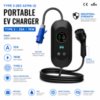 Chargeur EV portable intelligent 32A 7kW réglable rapide Type 2 IEC 62196-2 Niveau 2 EVSE Câble de charge pour voiture électrique BYD Tesla Model Y