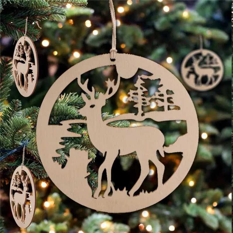 Colgante de árbol de Navidad de alce de madera tallado, creativo, decoraciones para vacaciones del hogar, bricolaje