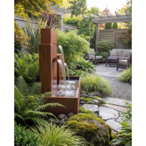 Fontaine de jardin extérieure en acier corten à trois niveaux en cascade, hauteur 150 cm, patine rouille - Product Image 2