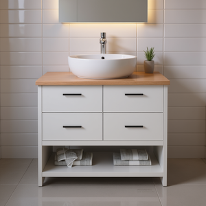 Meuble-lavabo de salle de bain en bois massif, 39,4x15,7x0,8 pouces, finition brun clair, design minimaliste moderne, sur pied avec tiroirs - Product Image 2