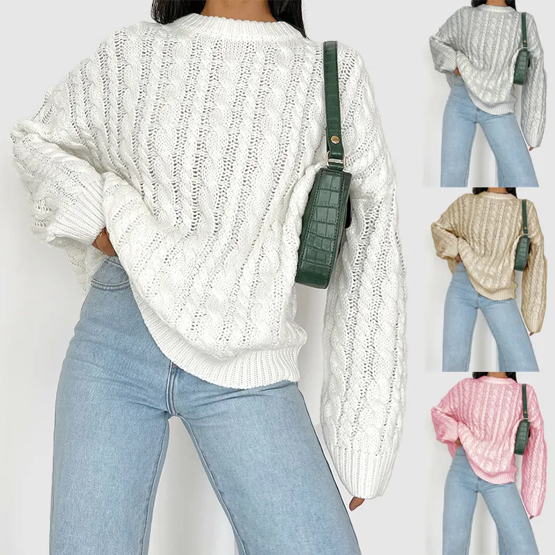 Produsen pakaian rajut sweter rajut wanita Pullover rajut leher Crew atasan lengan panjang elegan kasual kustom Sweater wanita untuk wanita