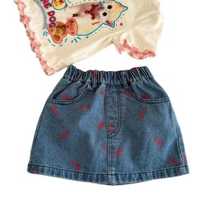 Girls Denim Skirt A-Line Mini Solid Color With Bow Print Summer Wear - Product Image 3
