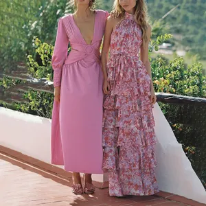 Boho Floral Dress Summer Women Custom Elegant Flower Print Long Dress Vacation Beachwear A Line Tiered Ruffled Midi Dress