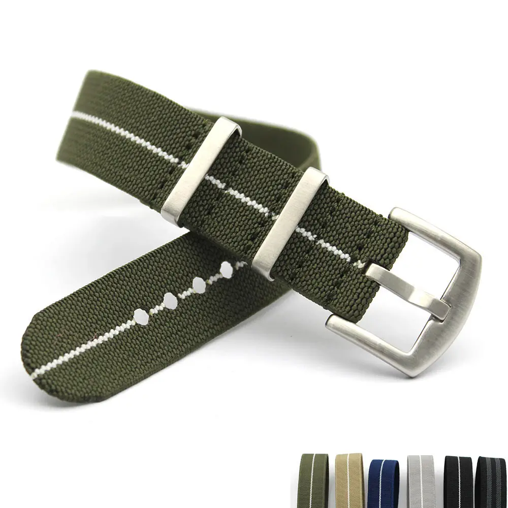 Yunse Hotsale Low MOQ Paratrooper Green White Striped Elastic Watch Nylon Wrist Strap 20mm 22mm Vintage Parachute Watch Band