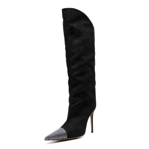 Women Tie-dye Denim Knee High Boots Soft Suede Thin Heels Long Booties High-Heeled Ladies Diamonds Stiletto Pumps <b>Shoes</b> - Product Image 4