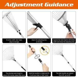 Râteau à balai à feuilles élargi avec tige en métal réglable de 2.15 m et gants pour le nettoyage des plantes, pelouse et cour - Product Image 2