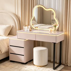 Coiffeuse rose moderne avec miroir LED en forme de nuage, meuble de rangement et tabouret pour chambre à coucher - Product Image 3