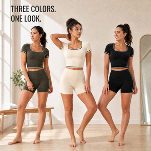 Women's Solid Square Neck Short Sleeve <b>Crop</b> <b>Top</b> High Waist Yoga Shorts 2-Piece Set Contrast Piping Four-Way Stretch - Product Image 5
