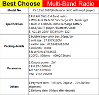 Radio rechargeable à bandes multiples avec poignée, torche, lecteur mp3 et son de haute qualité, 135