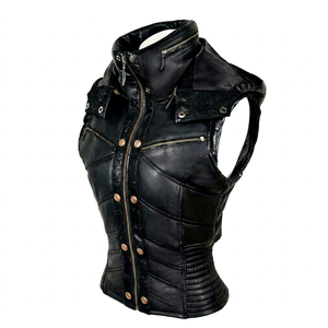 <b>Men's</b> <b>Black</b> Genuine Leather Moto <b>Vest</b> Stand Collar Zipper Closure Solid Color Outerwear Regular Length - Product Image 1
