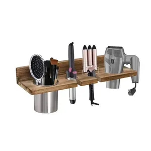 Custom Rusticbathroom Vanity Caddy Wooden Blow Hair Dryer Curling Iron Hair Tool Organizer Storage Holder