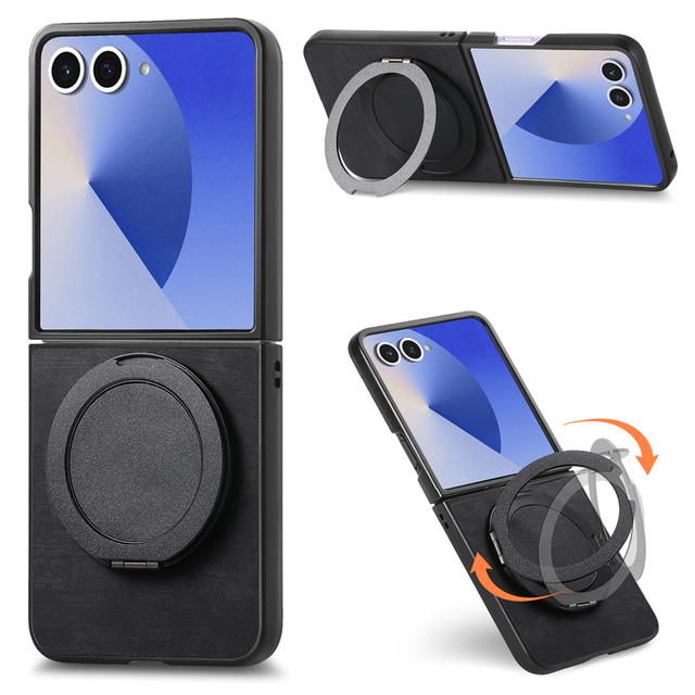 For Samsung Galaxy Z Flip 7 FE Case with Metal Ring Stand,PU Leather Mobile Phone Case for SAMSUNG Galaxy Z Flip 6