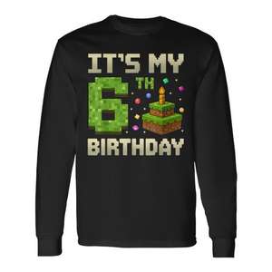 T-shirt a maniche lunghe per ragazzi con stampa It's My 6Th Birthday Pixel Cake - Product Image 1