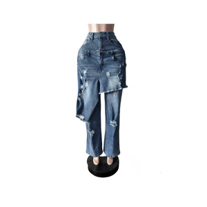 Nuovo Design alla moda da donna <span class=keywords><strong>Sexy</strong></span> a vita alta <span class=keywords><strong>Jeans</strong></span> in Denim stile stile dritti pantaloni tinta unita per donna - Product Image 5