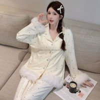 Pyjama femme en velours ondulé doux style luxe léger, épais et chaud pour l'hiver, avec dentelle, 3 pièces