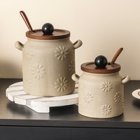 Pot à graisse en céramique avec couvercle en bois et cuillère, motif marguerite en grès, pot à graisse de ferme, récipient pour graisses de bacon, pot à huile de style campagnard