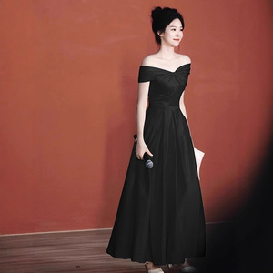 Black Off-Shoulder Evening Gown Empire Waist A-Line Simple Style For Coming Of Age Ceremony Petite Women - Product Image 2