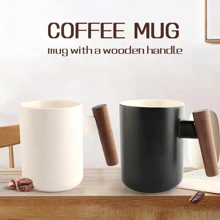 12Oz New Arrival Bằng Gỗ Xử Lý Cà Phê Gốm Mug Cup Với Muỗng