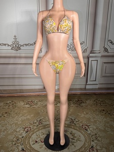 Traje de Baño de Dos Piezas de Chifón <span class=keywords><strong>para</strong></span> Mujer, Diseño Floral, Escote en V Profundo, Espalda Descubierta, Adornos de Pedrería, Tallas Grandes - Product Image 1