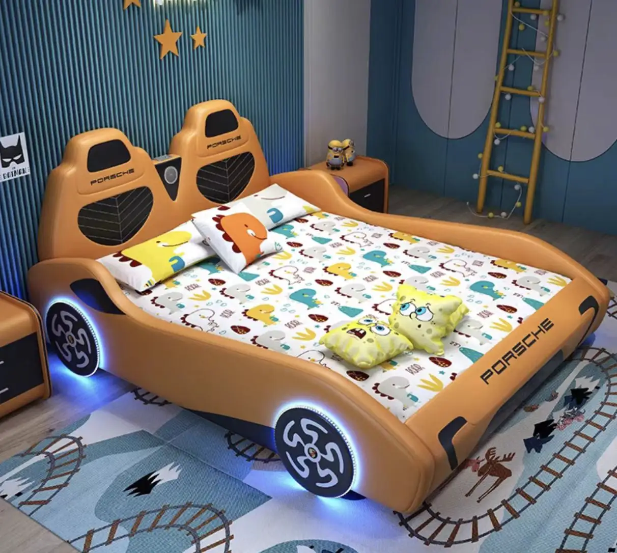 子供用車のベッド男の子と女の子1.5Mクリエイティブ無垢材漫画ベッドガードレール付きシングルダブルレザーベッド