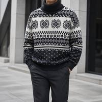 Pull à col roulé pour homme de haute qualité, motif Fair Isle, noir et crème, flocons de neige, tricot géométrique, fabrication OEM ODM