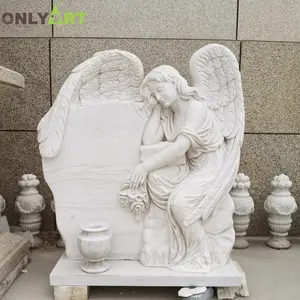 新しいデザインの装飾Hunan等身大白い大理石の墓石しだれ天使の彫刻祈りの手墓墓地のための天使の像