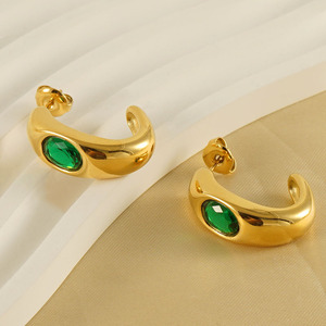 Zogxin Gold C-Shaped Stud Earrings With Green Zircon Geometric Design For Women Party Jewelry - Product Image 3