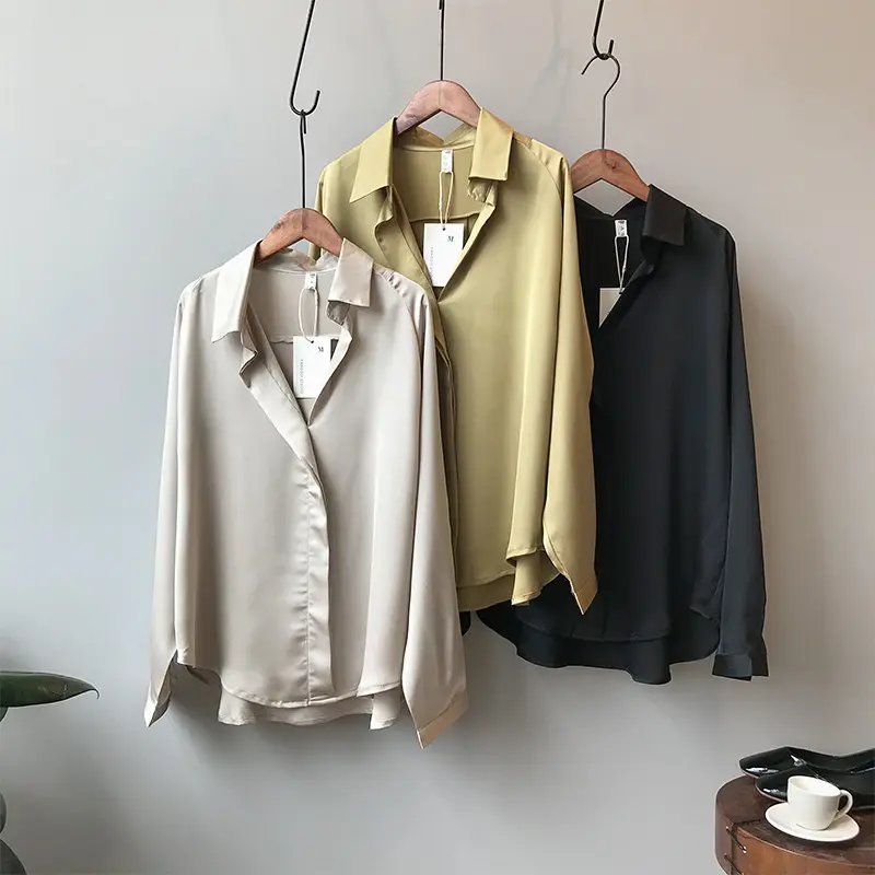 Fashion Button Up Satin Silk Shirt Hi Low Vintage Blouse White Lady Long Sleeve Loose Street Shirts Solid Color Turn-down Collar