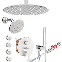 Système de douche double tête Homedec avec 4 jets latéraux, jet pluie, pulvérisation 4 directions, pommeau de douche 10" + 6", et douchette à main, finition nickel brossé, laiton
