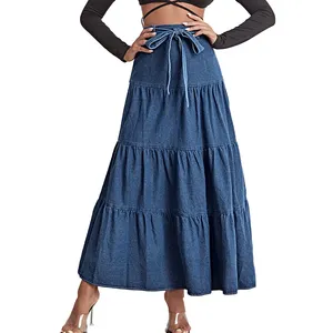Wholesale women long denim skirts retro high waist belt waist layered hem denim skirt