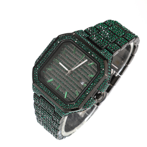 Reloj de Pulsera UWIN Hip Hip para Hombre, Cuadrado, Resistente al Agua, con Esfera de Números Romanos, Completamente Cubierto de Piedras Verdes, Relojes Negros - Product Image 1