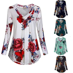 प्लस आकार महिलाओं अंगरखा शर्ट शरद ऋतु लंबी आस्तीन पुष्प प्रिंट वि गर्दन ब्लाउज और बटन के साथ बड़े आकार के कपड़े में सबसे ऊपर