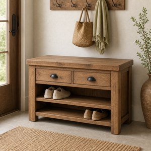 Banc de rangement en chêne foncé du Vietnam avec 2 tiroirs et étagères, meubles de salon, design scandinave moderne, vente en gros - Product Image 3