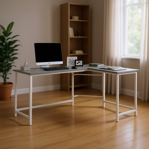 Scrivania per Computer Bambina, Finitura Grigio e Bianco, Superficie in Metallo, Forma a L, Arredamento per Ufficio Domestico - Product Image 2