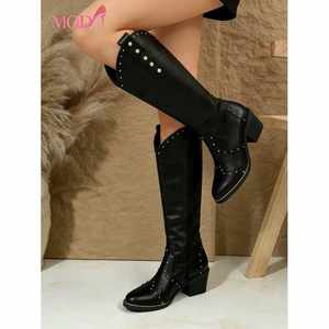 Botas hasta la rodilla con decoración de remaches, tacón grueso, material TPU, para uso en la oficina, para mujer, negras, pantorrilla ancha, ajuste cómodo - Product Image 3