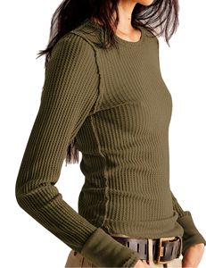 Vintage Eco-Friendly Polyester Blank Knit <b>Waffle</b> T-<b>Shirts</b> Wholesale High Quality Long Sleeve Crew Neck Slim Fit for Women - Product Image 2