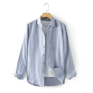 Wholesale suppliers low price men's light blue long-sleeved casual fashion pure linen button shirts