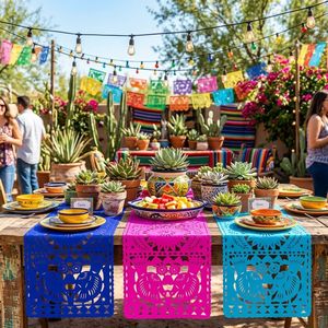 Caminos de Mesa de Papel Picado, Decoración para Pastel, Rosa, Azul, Turquesa, Decoración Mexicana para Fiesta, Tela de 20 x 39 Pulgadas para Decoración de Mesa de Fiesta - Product Image 2