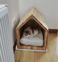 Natürliches Holz-Haustierhaus für Katzen & Kleine Hunde - Gemütliche Indoor-Haustierhöhle mit Abnehmbarem Kissen, Ganzjahres-Haustierbett-Villa