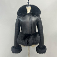 Veste bomber en cuir véritable pour femme, col et poignets en fourrure de renard, manteau en cuir court
