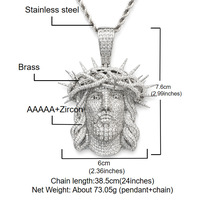 Collier pendentif portrait humain à épines, entièrement serti de zircone cubique micro-pavée en cuivre, style Hip Hop Rapper, vente en gros