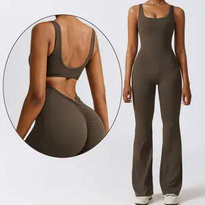 Người phụ nữ U trở lại rỗng cutout không tay scrunch Butt nâng nhảy múa bodysuit độn dài chiều dài loe Yoga Jumpsuit 2023