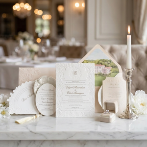 Juego de invitaciones de boda de lujo con relieve floral 3D, diseño artístico, sobres personalizados con diseño de paisaje y tarjeta ornamental troquelada. - Product Image 2