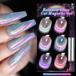 BORN PRETTY New Upgrade Double Light 9D Holographic Laser Cat Eyes Nail Gel Magnet Rainbow Cat Eye Nail Art Magnetic Gel Polish