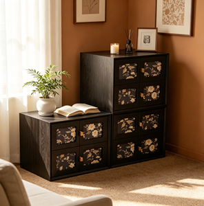 Mueble de Almacenamiento Moderno de Madera Negra con Paneles Florales y Perillas Doradas para Sala de Estar - Product Image 6
