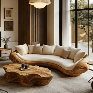 Divano Curvo in Legno Massello Personalizzato, <span class=keywords><strong>Moderno</strong></span> e Lussuoso, Forma Organica, Stile Wabi Sabi Japandi, Arredamento di Design per <span class=keywords><strong>Salotto</strong></span> - Product Image 5
